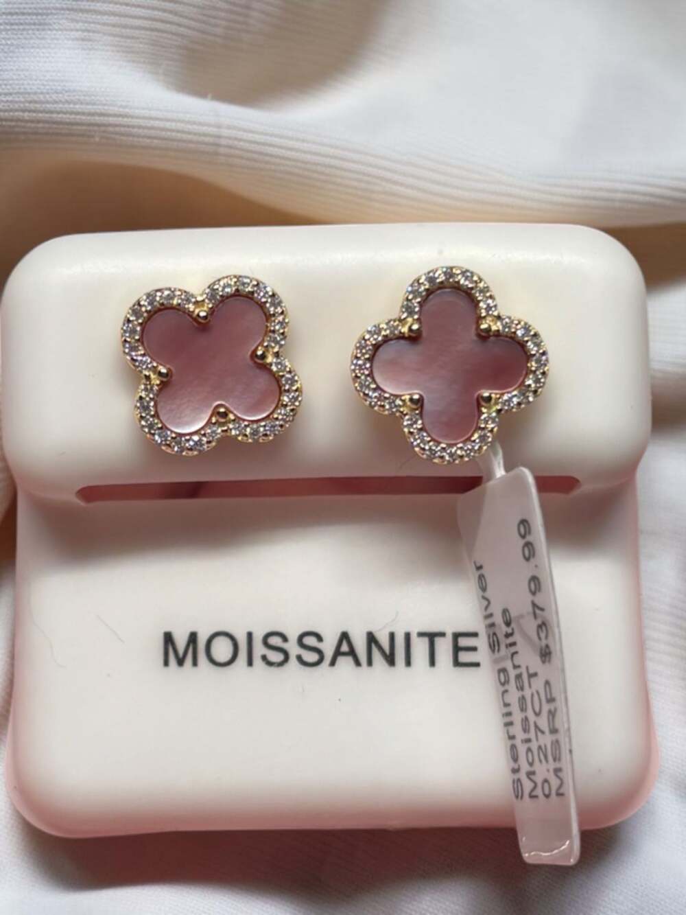 Sterling Silver Moissanite 0.27CT Pink Clover Flower Stud Earrings